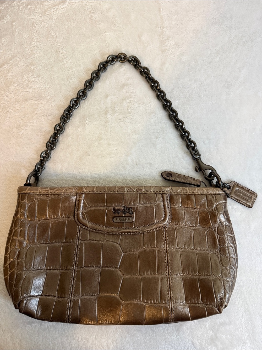 Coach Metallic Bronze Croc Embossed Leather Chain Shoulder Pouch/Wristlet